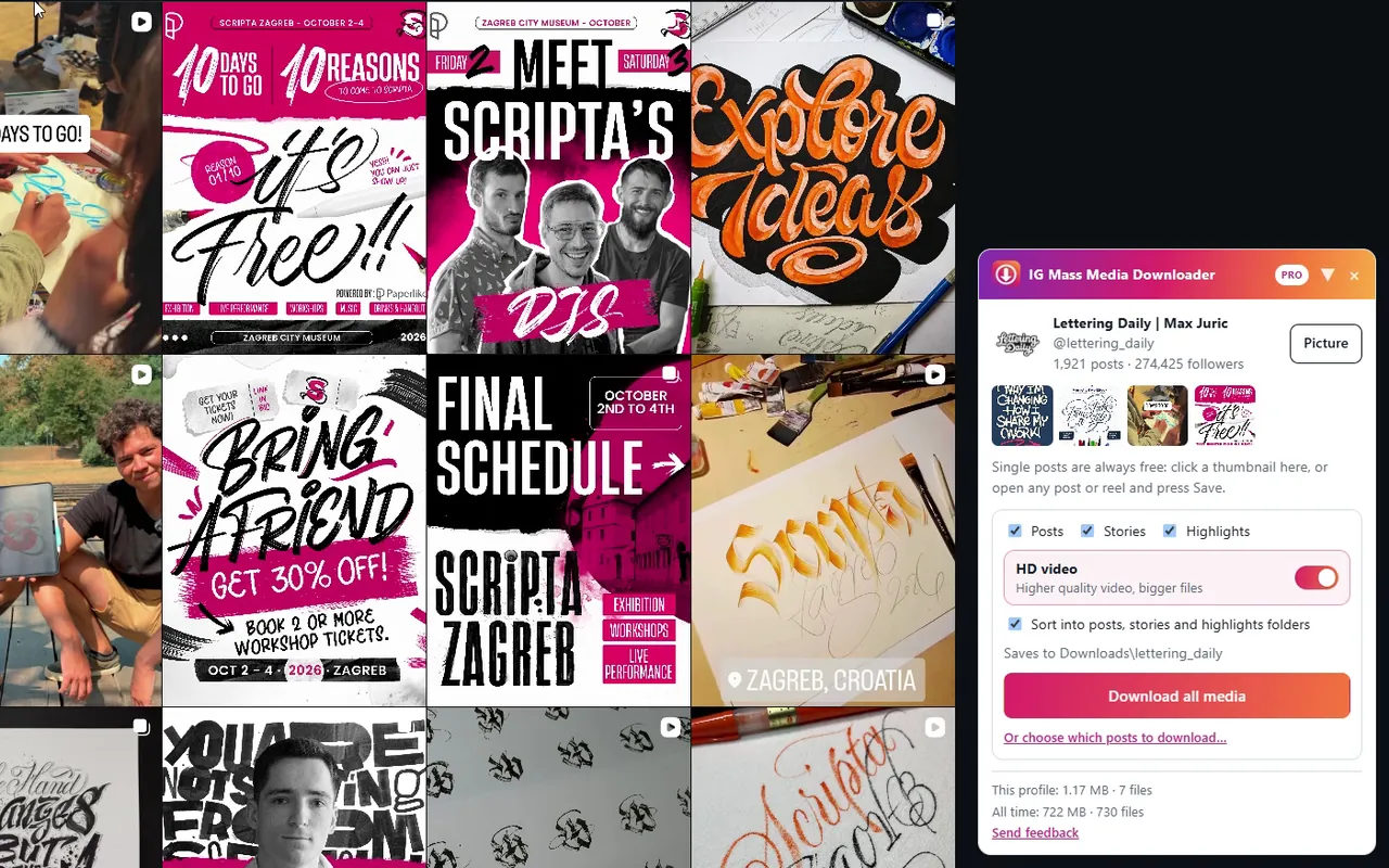 The IG Mass Media Downloader panel on an Instagram profile, with Posts, Stories, Highlights and HD video options