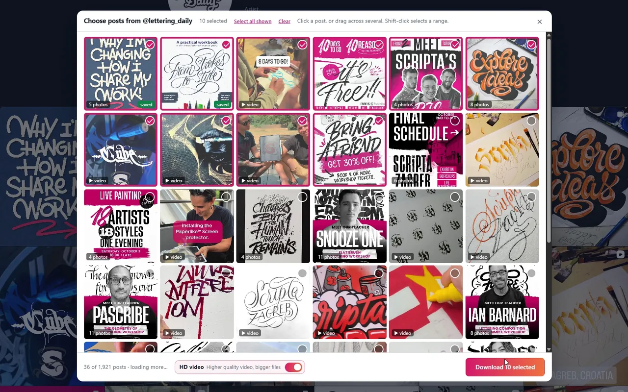 Choosing posts: a grid of a profile's posts with ten selected